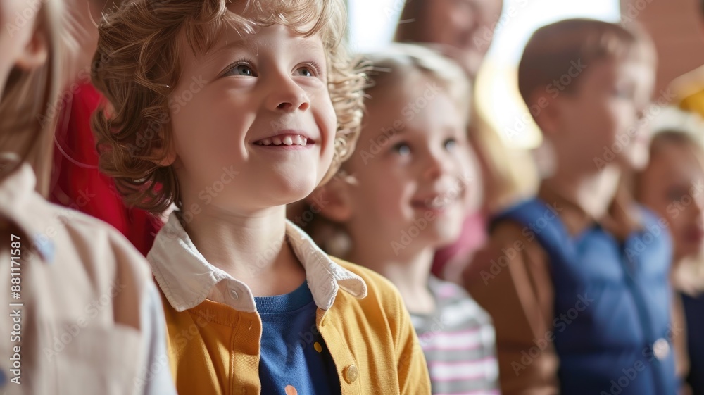 Fototapeta premium Smiling children in group look upward with joy inside brightly lit room