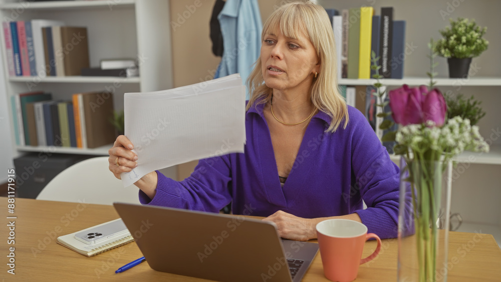 Caucasian woman reviewing documents at home office with laptop and coffee cup on table Caucasian woman reviewing documents at home office with laptop and coffee cup on table
