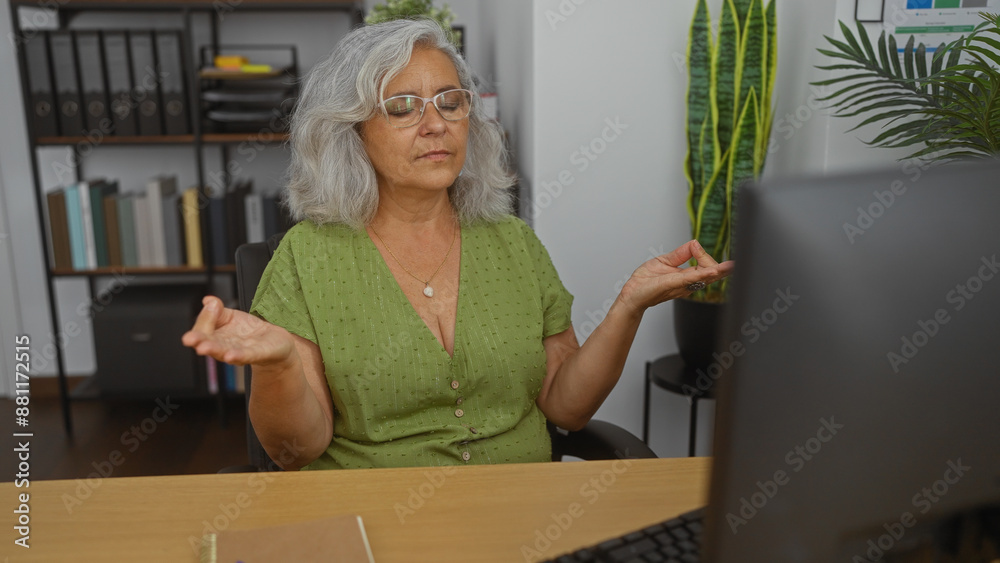 Grey-haired woman meditating at her desk in an office with closed eyes, surrounded by plants and office supplies, reflecting a serene working environment Grey-haired woman meditating at her desk in an office with closed eyes, surrounded by plants and office supplies, reflecting a serene working environment