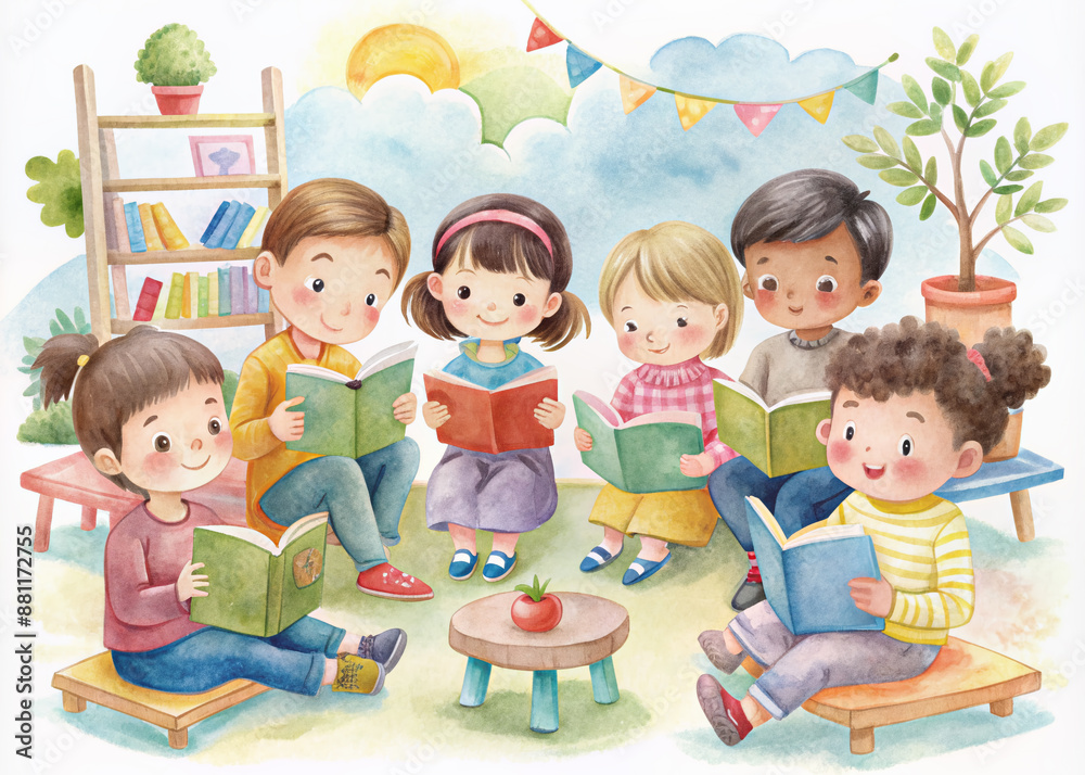 Fototapeta premium Illustration of Children's Day. Children, books reading in home with friends, learning or diversity for reading at school playground. Kids, education or study with support, water color style