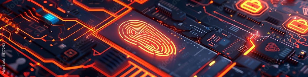 Fingerprint and safe icons on a computer for cyber protection, vibrant orange highlights, Fingerprint and safe icons on a computer for cyber protection, vibrant orange highlights,