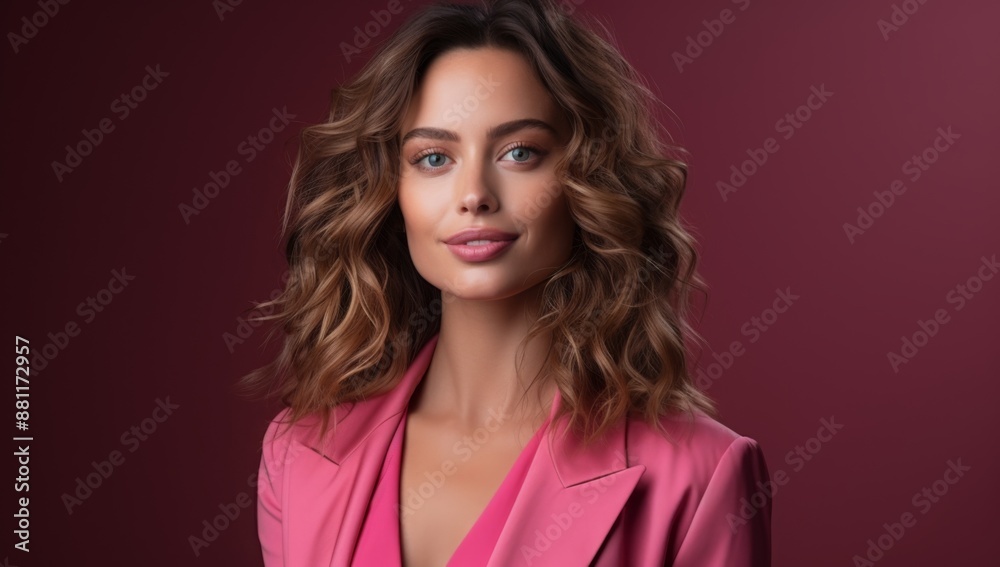 A professional-looking woman posing confidently in a bright pink blazer against a pink background
A professional-looking woman posing confidently in a bright pink blazer against a pink background