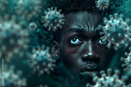 Intense fear reflected eyes of young man urban lights background. Terrified black young man looking intensely something alarming. Portrait captures moment of utter fear symbolizing 