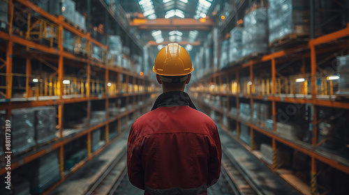 A worker wearing a helmet standing in the warehouse, with many shelves on both sides of him and rows of goods behind his back