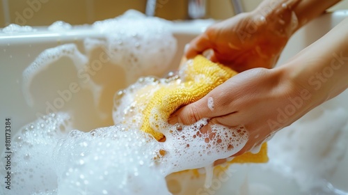 Deep Cleaning Routine - Person's Hands Scrubbing Bathtub with Sponge and Soap, Bubbles and Suds