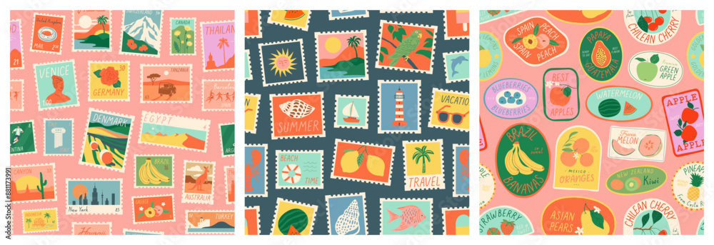 Vintage world travel post card stamp seamless pattern set. Retro international country landscape postage background with fruit sticker label wallpaper, summer vacation postal label print.