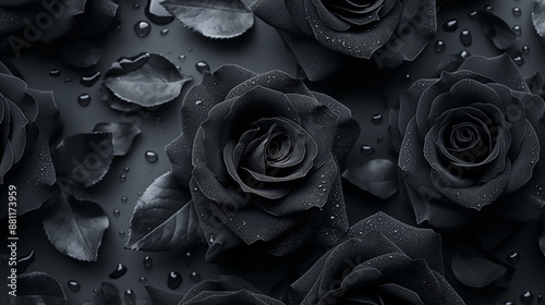 Fototapeta Naklejka Na Ścianę i Meble -  Black roses with dew drops on petals create a somber and elegant atmosphere full of sadness and mourning concept