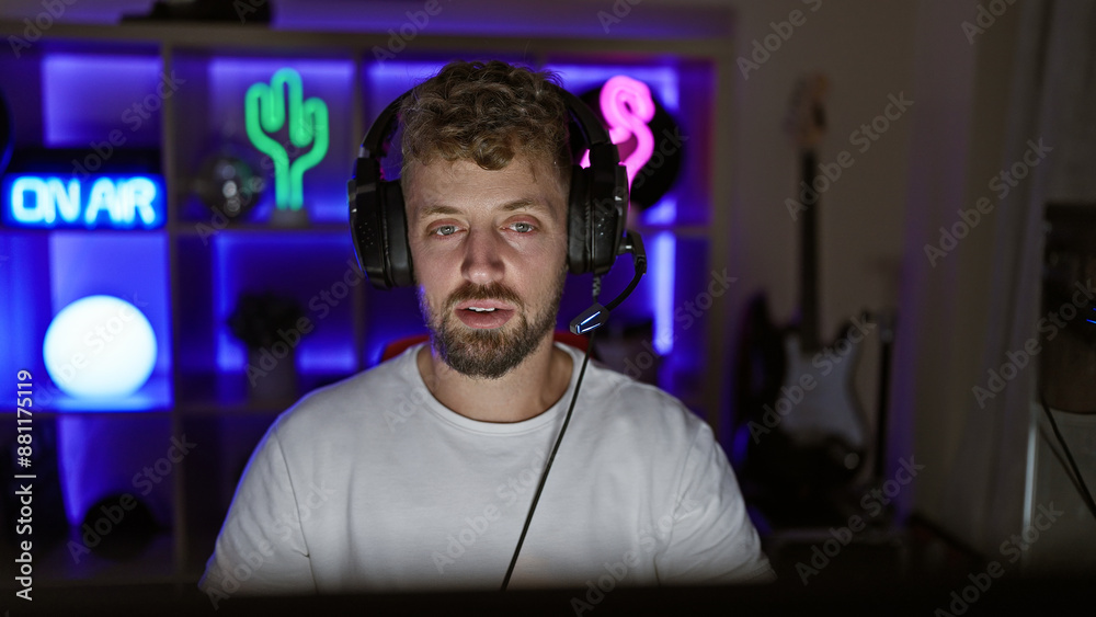 A bearded young man with blue eyes wearing headphones in a neon-lit dark gaming room at night A bearded young man with blue eyes wearing headphones in a neon-lit dark gaming room at night
