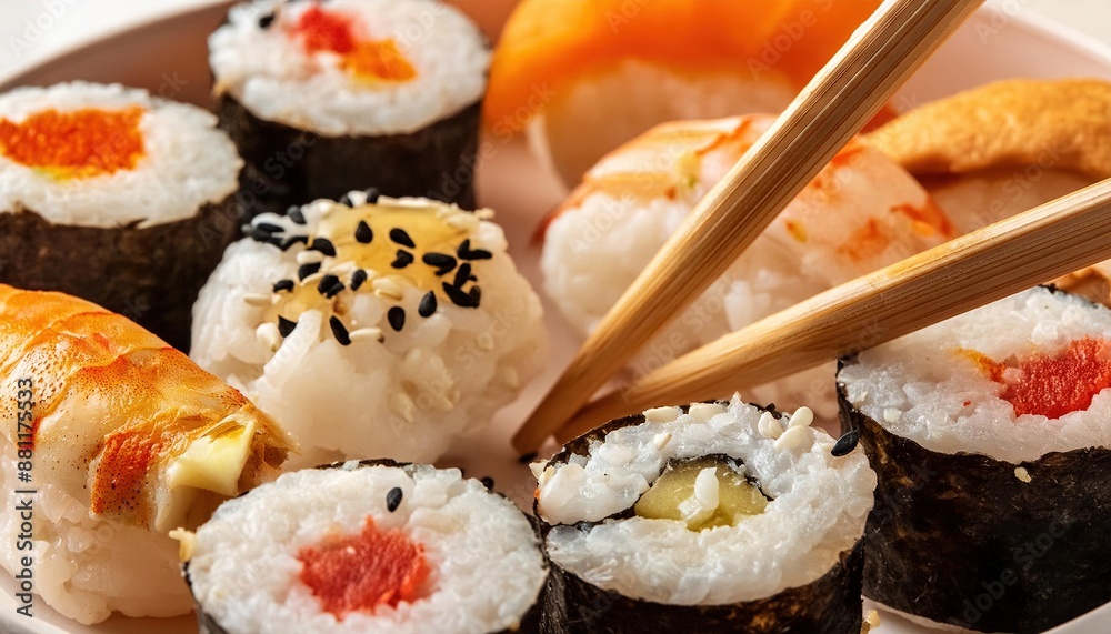 Japanese Sushi Platter with Chopsticks Close-up Japanese Sushi Platter with Chopsticks Close-up