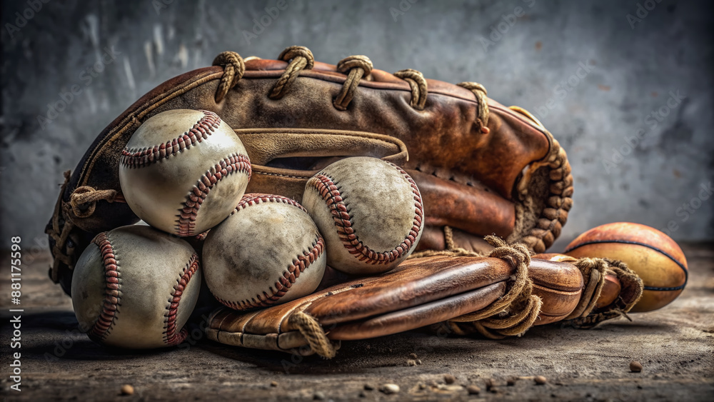 Fototapeta premium Weathered vintage baseball glove with cracks and worn leather, surrounded by scattered baseballs, set against a muted gray background, evoking nostalgia and forgotten memories.