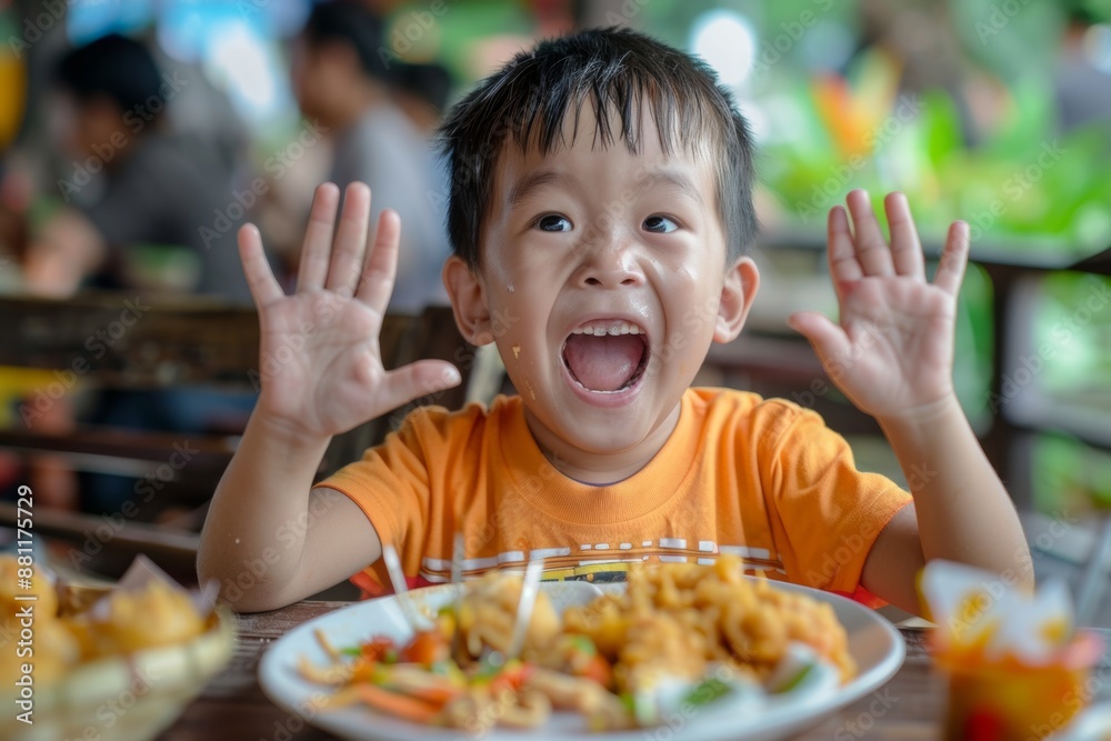 Smiling girl showing her palms near table filled food and joy. Cheerful girl partaking rituals surrounded family and lights. Captures bliss and vibrancy of festive rituals and gatherings Smiling girl showing her palms near table filled food and joy. Cheerful girl partaking rituals surrounded family and lights. Captures bliss and vibrancy of festive rituals and gatherings