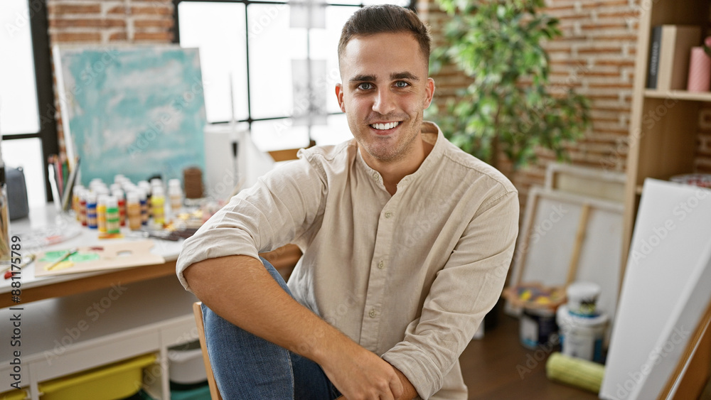 Smiling handsome hispanic man in a creative indoor studio environment, posing casually for a professional portrait. Smiling handsome hispanic man in a creative indoor studio environment, posing casually for a professional portrait.