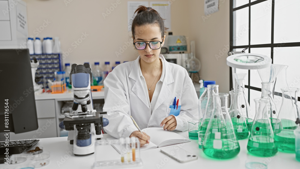 Focused hispanic woman scientist writing in notebook at laboratory workspace with microscope and glassware Focused hispanic woman scientist writing in notebook at laboratory workspace with microscope and glassware