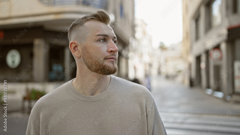 Handsome young man with beard in casual attire standing thoughtfully on an empty city street. Handsome young man with beard in casual attire standing thoughtfully on an empty city street.