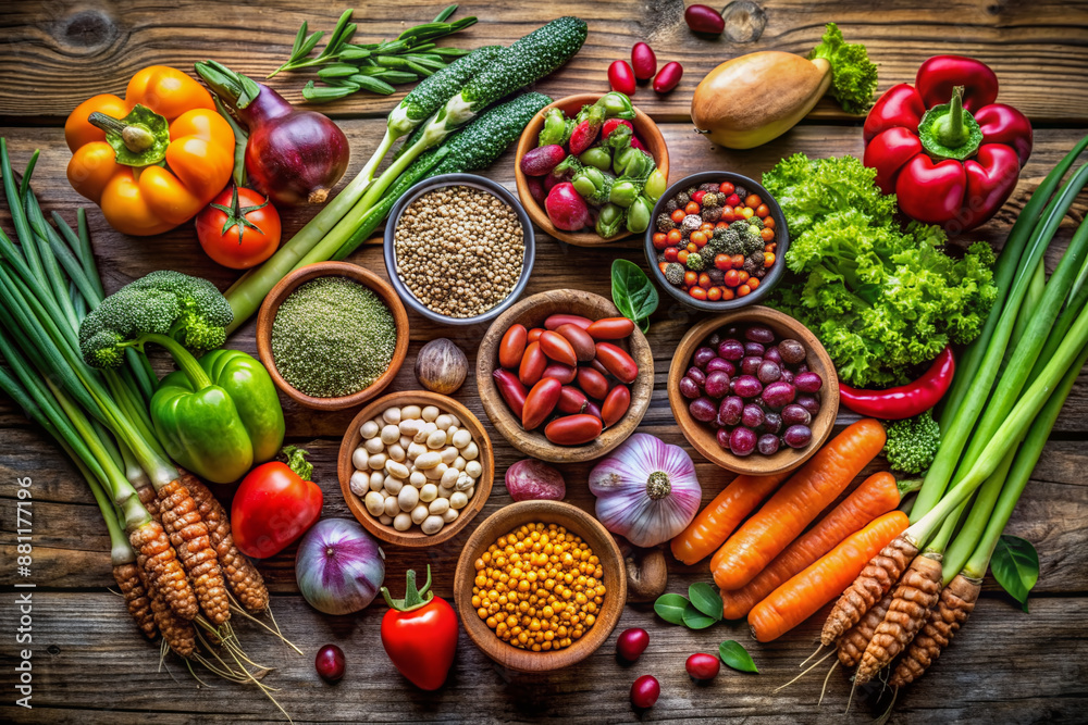 Vibrant assortment of fresh vegetables, legumes, and nuts artfully arranged on a weathered wooden table, evoking healthy eating, vegan lifestyle, and wholesome nutrition. Vibrant assortment of fresh vegetables, legumes, and nuts artfully arranged on a weathered wooden table, evoking healthy eating, vegan lifestyle, and wholesome nutrition.