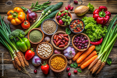 Wallpaper Mural Vibrant assortment of fresh vegetables, legumes, and nuts artfully arranged on a weathered wooden table, evoking healthy eating, vegan lifestyle, and wholesome nutrition. Torontodigital.ca