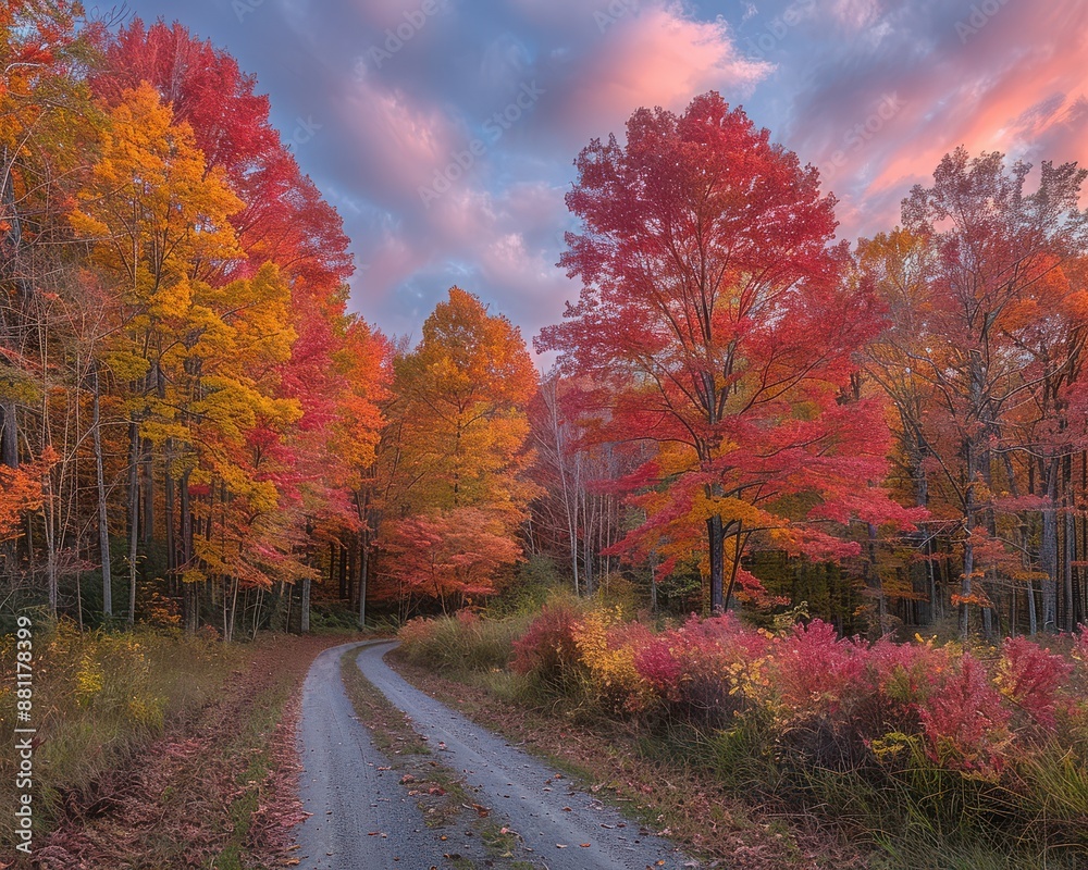 Fototapeta premium Scenic Path Through Vibrant Autumn Foliage With Colorful Trees And Serene Sky At Sunset Offering A Perfect Fall Nature Walk Experience
