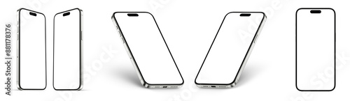 Smartphone mockup with a blank white screen. Mobile phone vector isolated on a white background. Various angle views of the phone. Vector illustration.