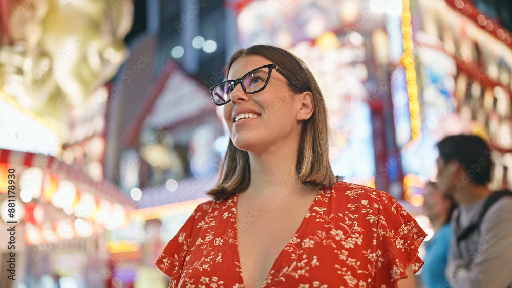 Obraz premium Capturing the joyful night, beautiful hispanic woman in glasses enjoying shinsekai street, laughter dancing in her eyes as she takes in the osaka city lights