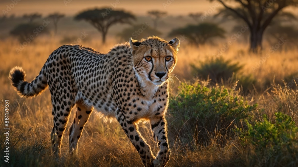 Fototapeta premium Cheetah Strolling Through African Savanna at Sunset