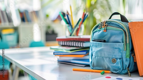 Organized Education Essentials - Close-up of a Backpack Filled with Textbooks and Stationery Items on Classroom Desk