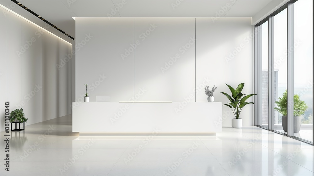 Fototapeta premium Modern office interior with a minimalist white reception desk, potted plants, and large windows providing natural light, creating a bright and welcoming atmosphere