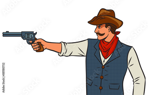 cowboy shoots aims from revolver gun pop art retro PNG illustration. Comic book style imitation.