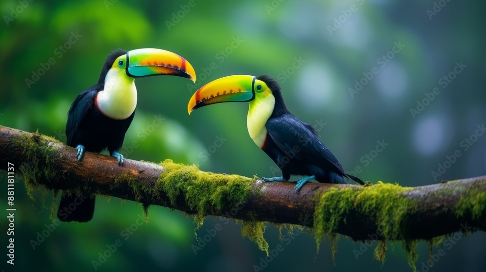 Obraz premium Colorful Toucans Perched in Lush Rainforest