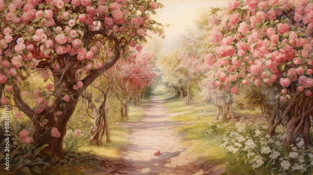 Naklejka premium Blossoming Pink Trees on Serene Pathway
