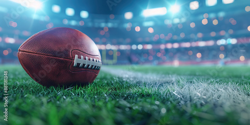 A football is on the field in a stadium
