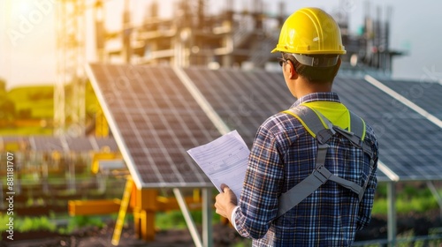 Engineer Inspects Solar Panels at Renewable Energy Plant