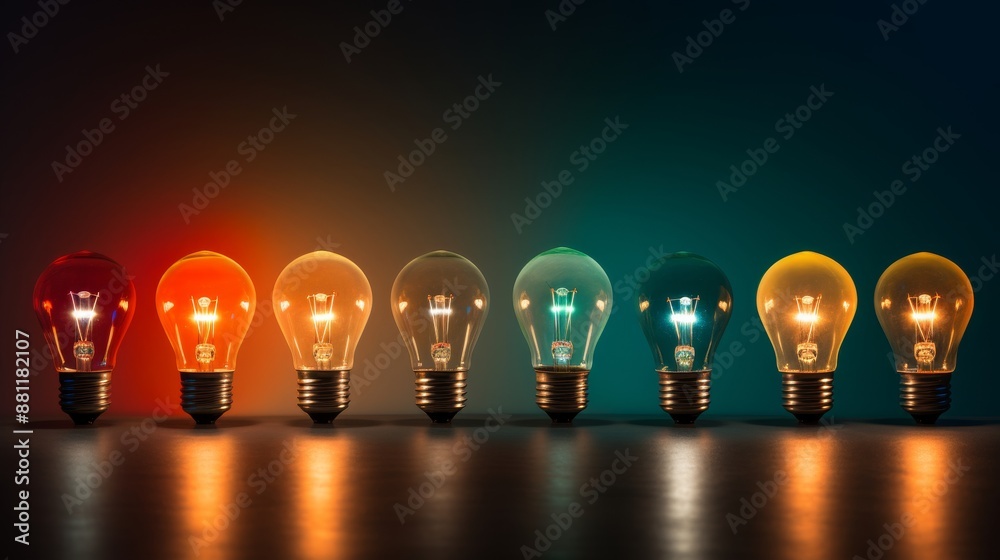 Creative concept glowing light bulbs on orange and blue background symbolize ideas and inspiration Creative concept glowing light bulbs on orange and blue background symbolize ideas and inspiration
