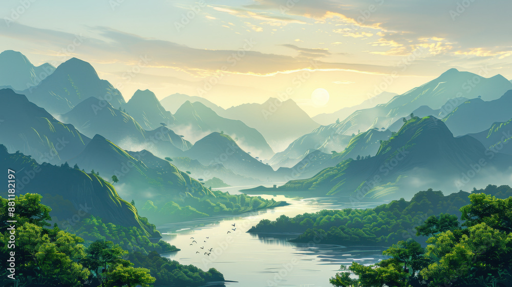 Obraz premium A tranquil scene of lush green mountains and a winding river under a soft morning light, creating a peaceful ambiance.