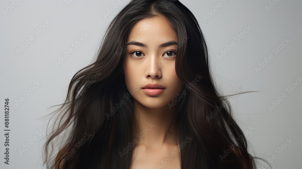 Serene Asian Woman with Flowing Hair Portrait Serene Asian Woman with Flowing Hair Portrait
