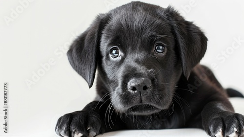 Black puppy from Newfoundland against white backdrop photo