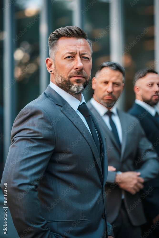 Confident Businessmen in Suits Standing Together Outdoors Confident Businessmen in Suits Standing Together Outdoors