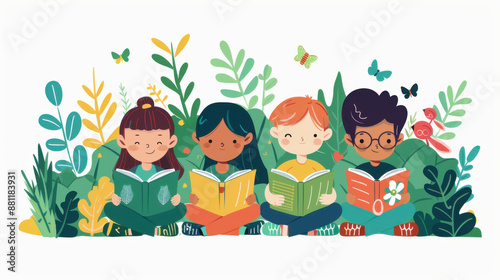 Illustration of diverse children reading books in a garden, promoting education, diversity, and a love for reading.