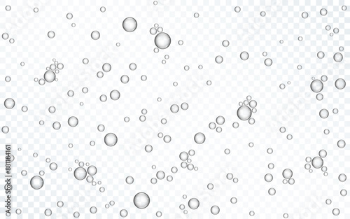 Air bubbles in water. Soda pop template. Champagne fizzy air effect. Sparkling water with oxygen bubbles. Realistic underwater fizz on transparent background. Vector illustration.