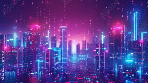 Futuristic Cityscape with Glowing Neon Lights and Data Streams © Evon J