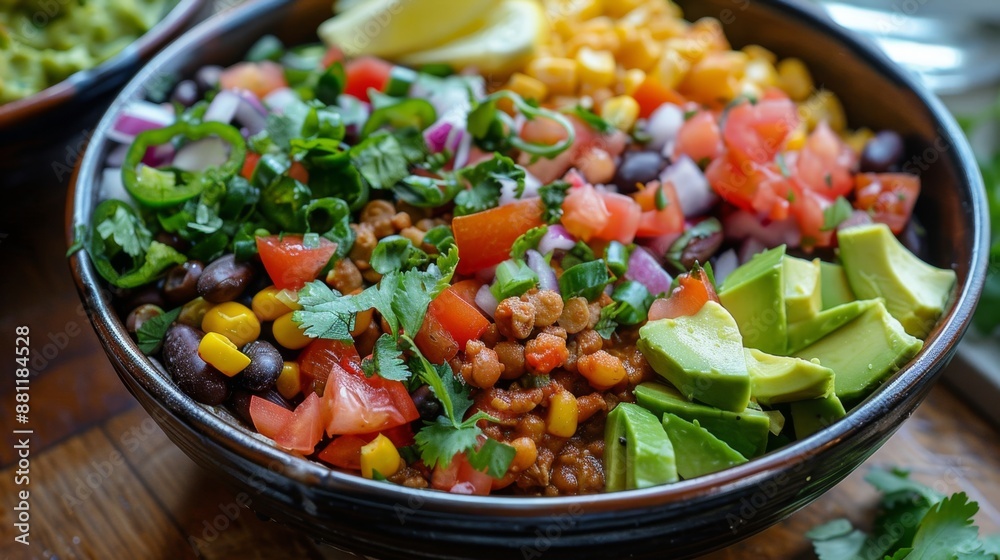Vegan Fiesta Taco Bowl. Colorful Mexican bowl with rice, beans, avocado, and vegetables