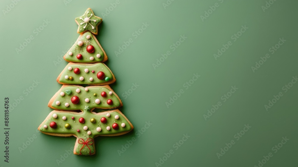 Christmas tree-shaped cookie with green icing and decorative sprinkles on background