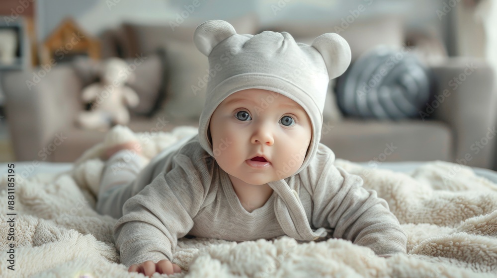 Adorable Baby with Blue Eyes Wearing Pink Beanie on Soft Blanket Adorable Baby with Blue Eyes Wearing Pink Beanie on Soft Blanket