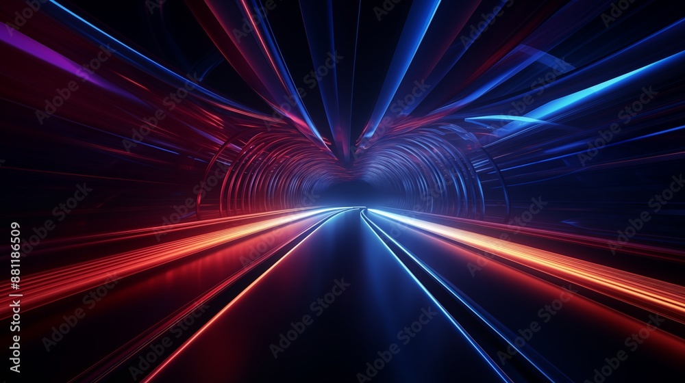 Futuristic Neon-Lit Tunnel with Blue and Red Light Trails Futuristic Neon-Lit Tunnel with Blue and Red Light Trails