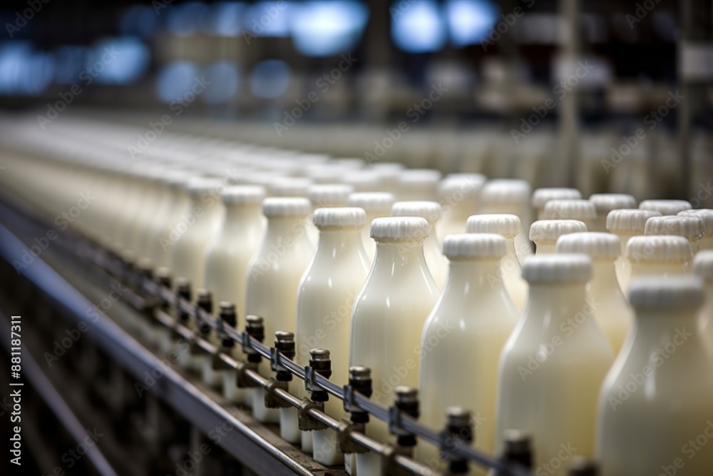 Conveyor Belt with Rows of Milk Bottles in Factory Conveyor Belt with Rows of Milk Bottles in Factory