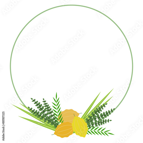Palm branch, willow and myrtle leaves, bright yellow etrog. Jewish festival Sukkot four species lulav and esrog