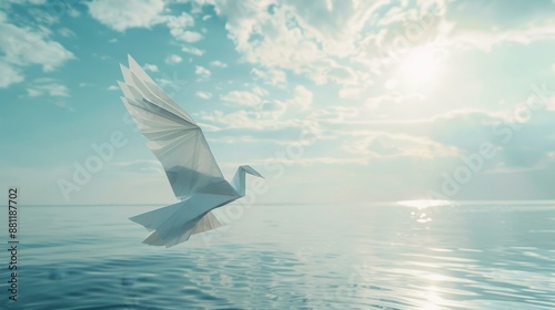 Serene Sea with Origami Paper Boat under Blue Sky