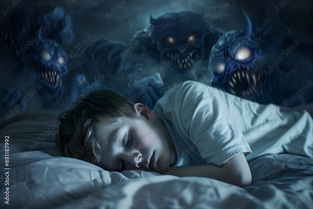 Surreal fantasy scene of boy sleeping amidst haunting dream monsters child's nightmare captured monsters and eerie dream elements. Symbolizing battle safety and hidden threats child's mind Surreal fantasy scene of boy sleeping amidst haunting dream monsters child's nightmare captured monsters and eerie dream elements. Symbolizing battle safety and hidden threats child's mind