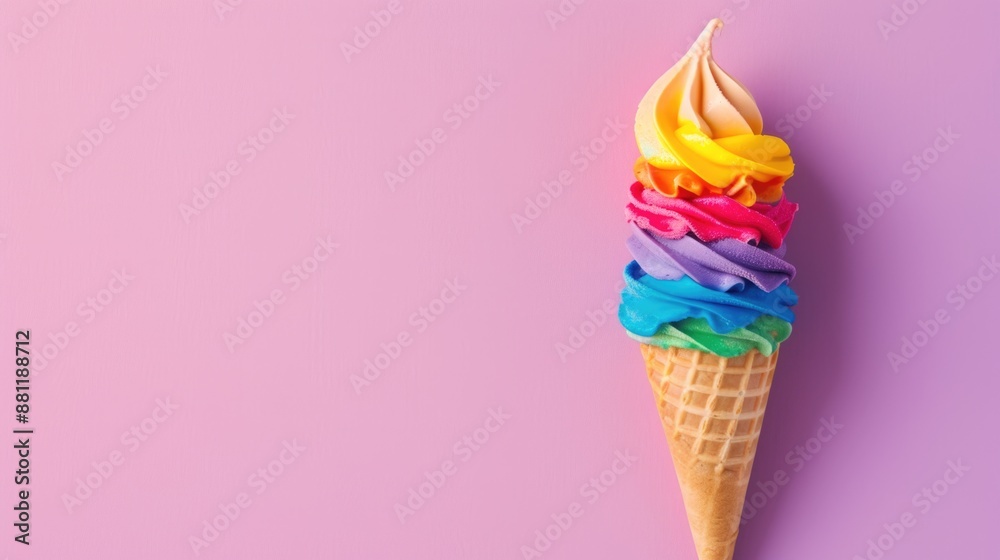 Colorful Rainbow Ice Cream Cone on Pink Background Colorful Rainbow Ice Cream Cone on Pink Background