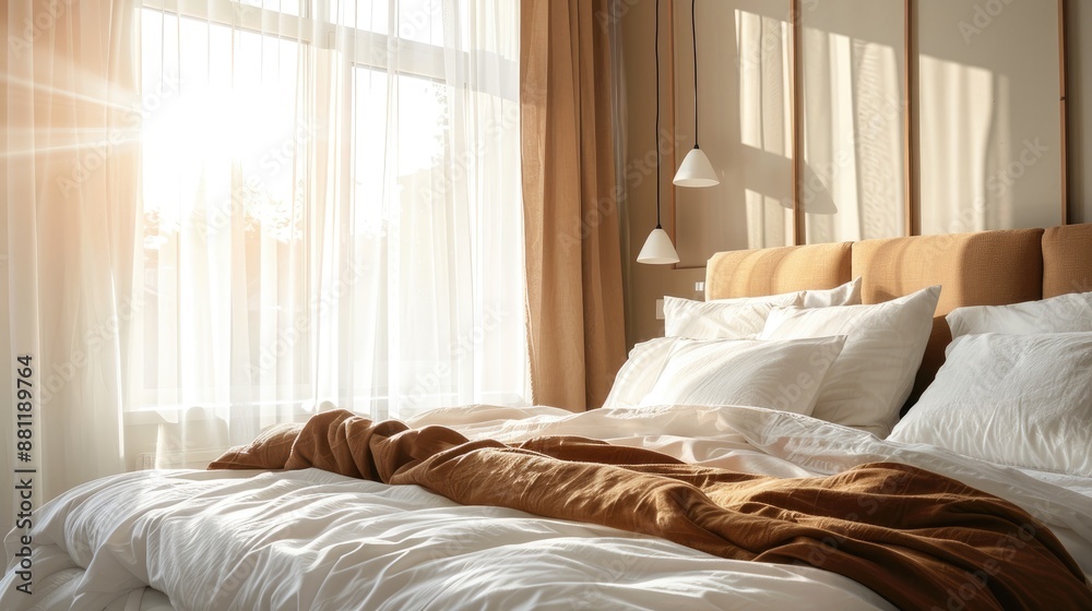Comfortable duvet on king size bed in spacious modern bedroom with morning light from window Comfortable duvet on king size bed in spacious modern bedroom with morning light from window