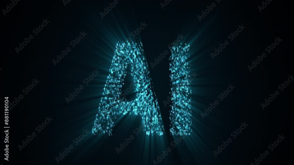 AI letters animation of glowing binary code symbols with outgoing beams ...